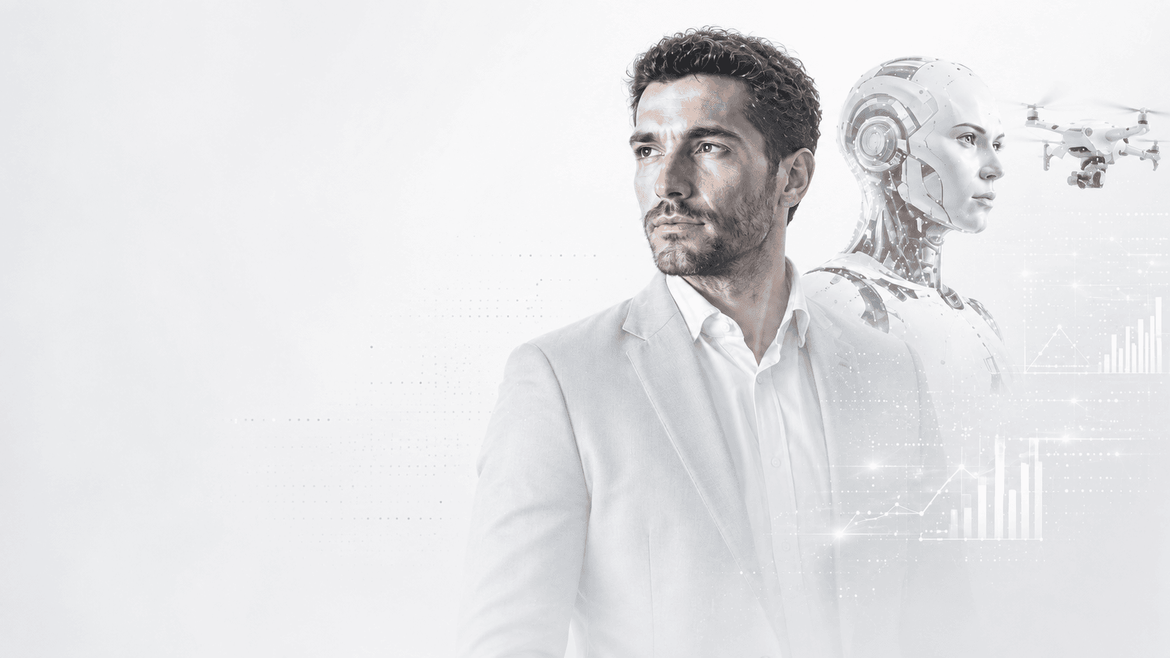 A person and a humanoid AI reading the same world
